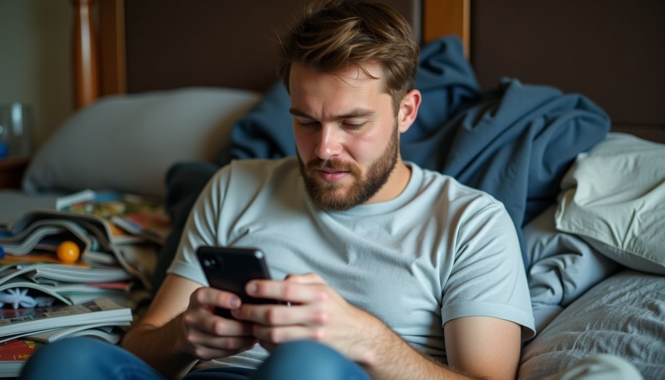 A man is sitting on a messy bed, sorting through his phone.