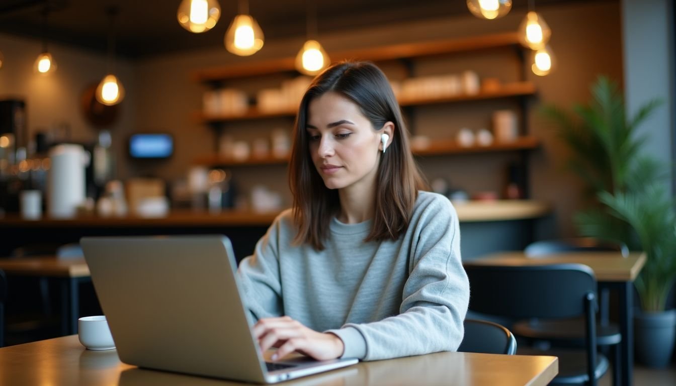 A woman in her 30s is working on her laptop in a cozy coffee shop.