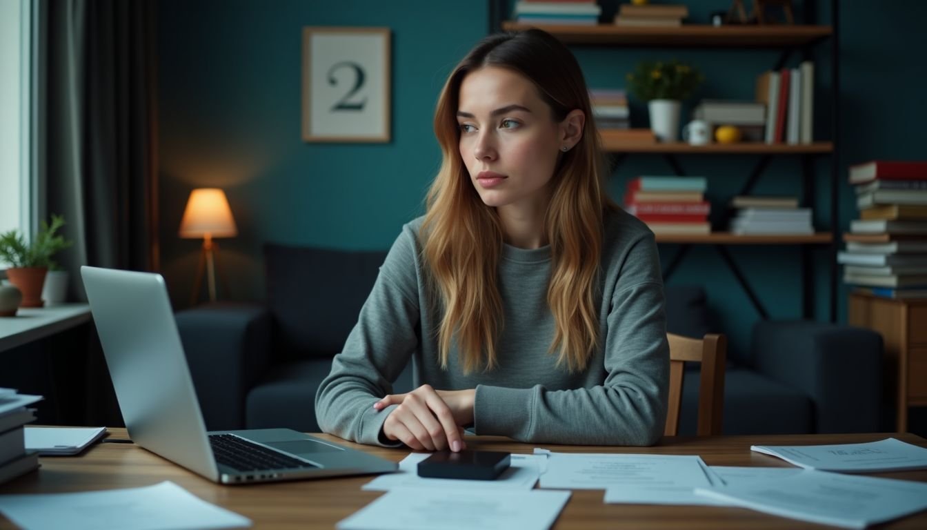 A woman sits at a cluttered desk with papers and an external SSD.