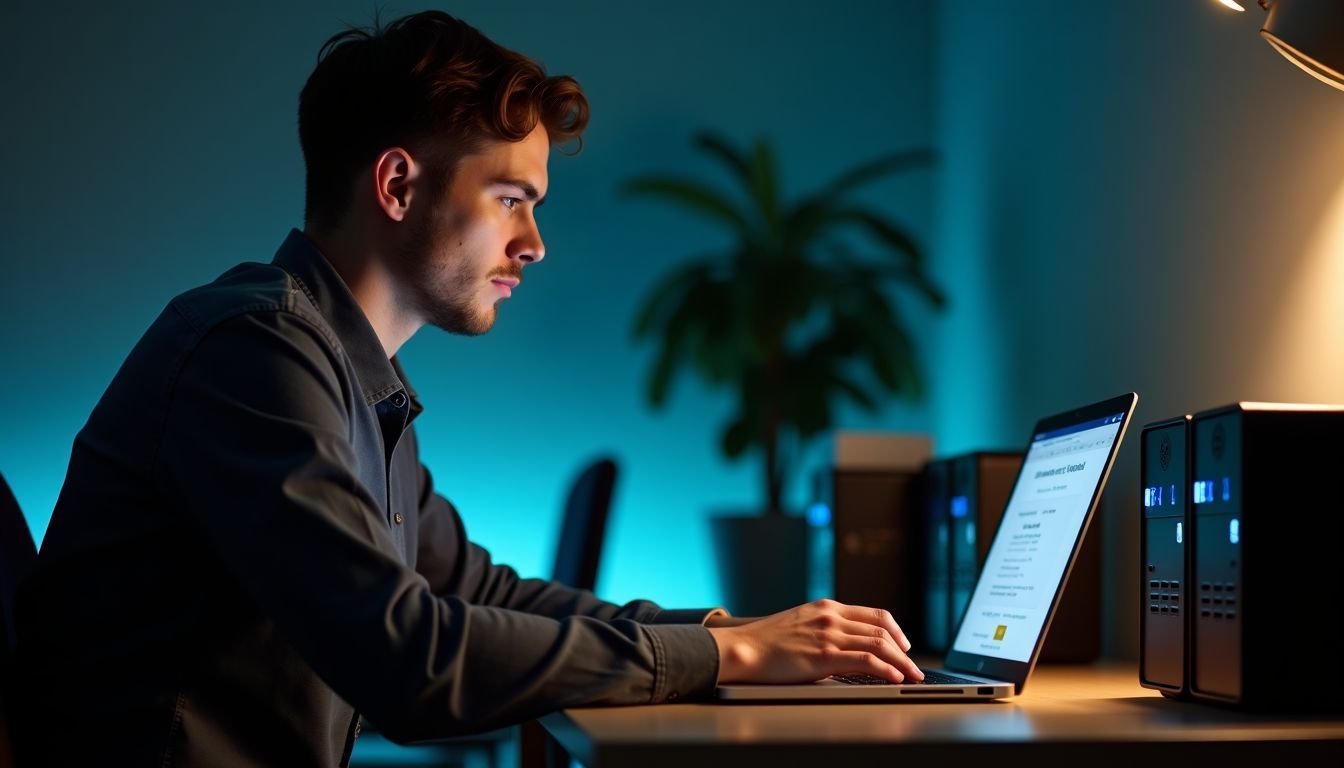 A person working at a cluttered desk with a focus on data protection.