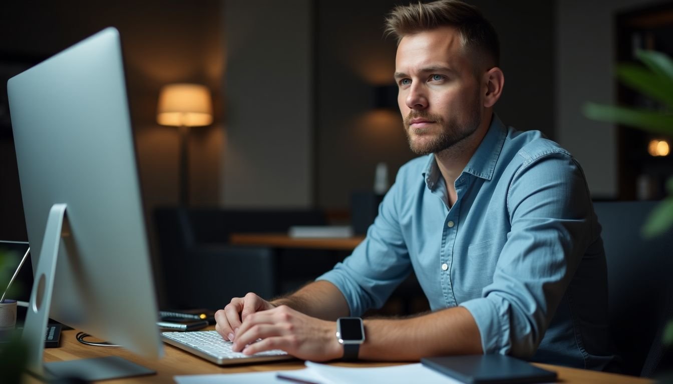 A man sits at a cluttered desk in a modern home office.