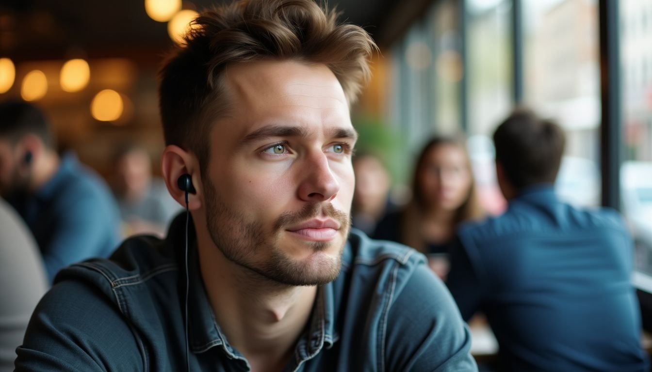 A man in his 30s wearing wireless earbuds in a busy café.