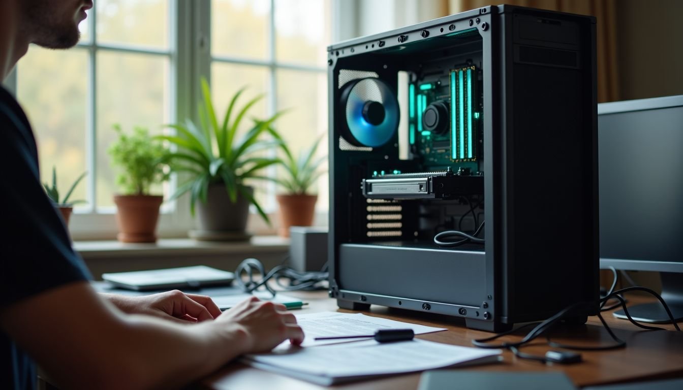 A person casually works on a computer tower and cluttered desk.