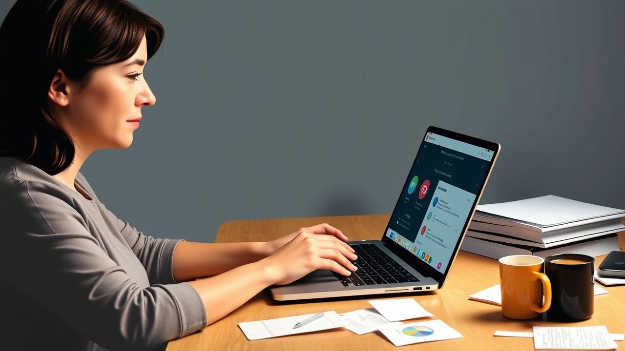 A woman in her mid-30s is working on a WordPress website on her laptop at a cluttered desk.