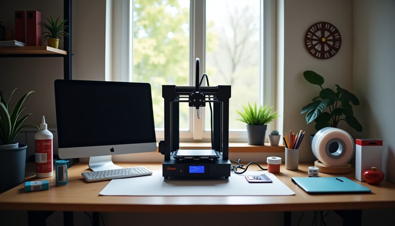 A tidy workbench with 3D printer, materials, tools, and computer setup.