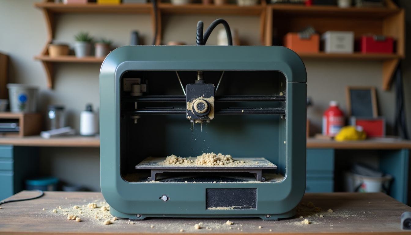 A neglected 3D printer on a cluttered workbench in a garage.