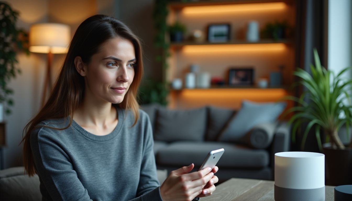 A woman in her thirties arranging smart devices in her living room.