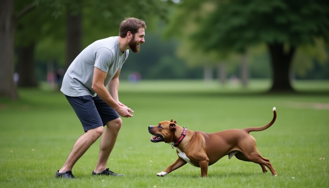 A man playing fetch with his pit bull in a park.