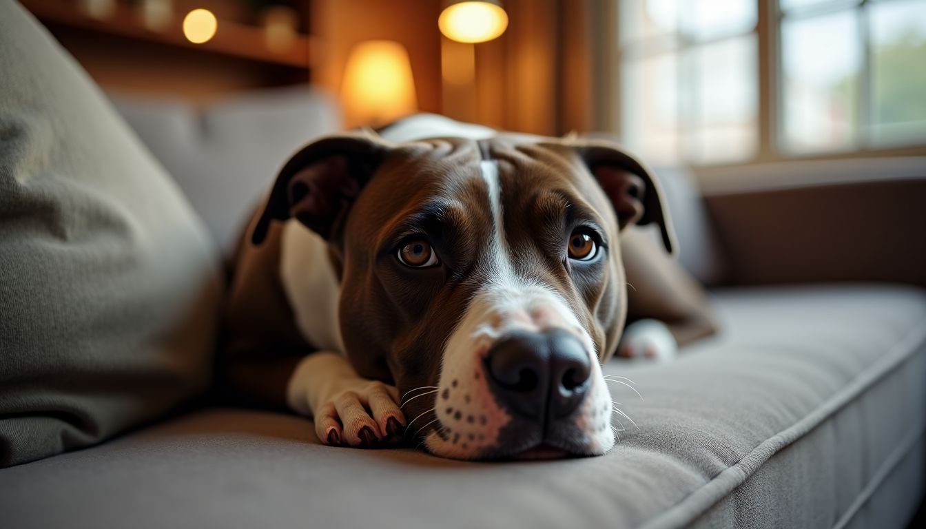 A gentle pit bull relaxing on a cozy couch in a living room.