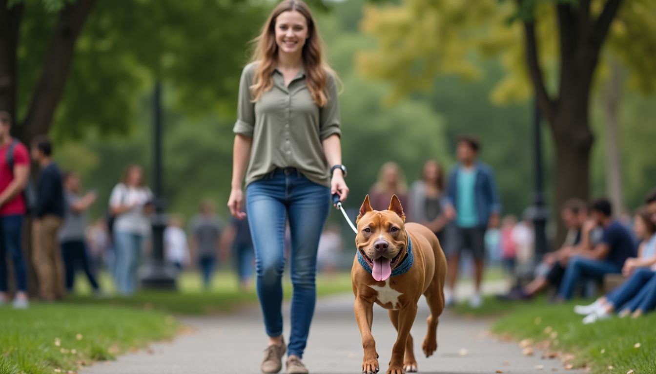 A young adult confidently walks a pit bull in a park.