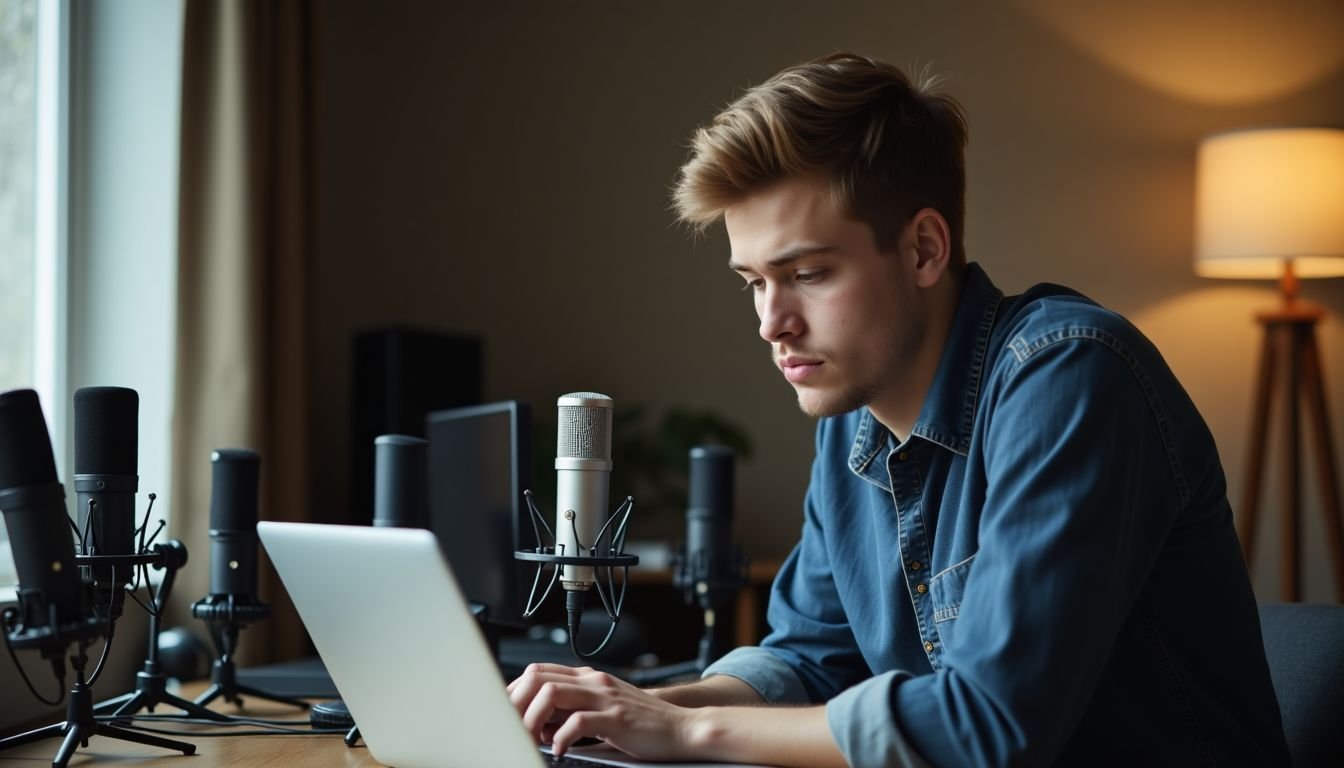 A man is comparing microphones under 100 dollars in a home studio.